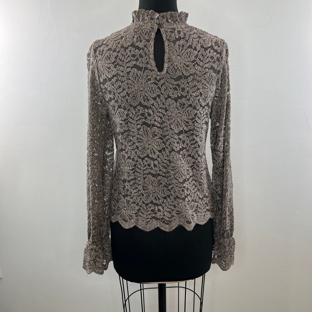Eri+Ali Brown Blouse Floral Lace Cropped Mock Neck Keyhole Formal Size Small S - Picture 5 of 6